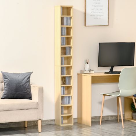 Mobile contenitore per CD e DVD, ripiano a colonna, armadietto con 12 scomparti, capacità massima 204 CD, 21 x 20 x 175 cm, legno naturale.