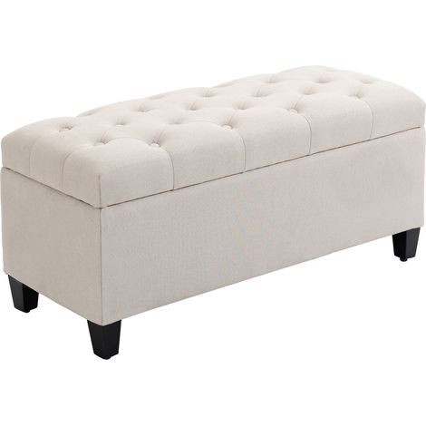 Banco arcón acolchado de poliéster efecto lino, blanco crema, 100 x 40 x 44 cm (1/5)