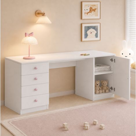 Kinderschreibtisch mit 4 Schubladen und Schrankfach MDF Weiß 155 x 45 x 75 cm OKWISH (1/5)