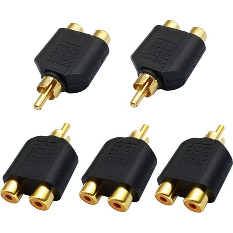 RCA Y Splitter Adapter, Gold Plated 1 RCA Male to 2 RCA Female Audio Video Connector AV Audio Video Converter (5 Pack) (1/5)