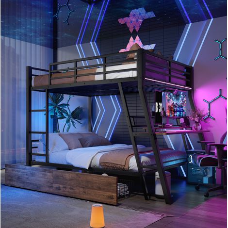 Lit mezzanine 140x200 cm métal MDF noir avec bureau LED, gain de place, sans matelas – MEUBLIV (1/5)