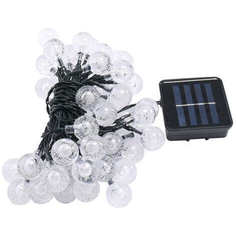 Guirlande solaire LED 30 boules (6,50m)-fil vert foncé, pile noire et charge solaire, boule transparente, blanc clair-noir-Ensoleillé