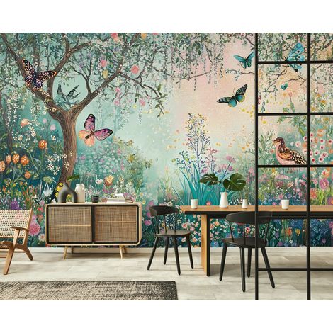 Vlies Fototapete Wald Wiese 250x175 cm, Tapeten, für Wohn und Schlafzimmer, Vliestapete Wandtapete Tapete 3D Effekt- inkl. Kleister - Blumen Bunt Landschaft, WallArena (1/4)