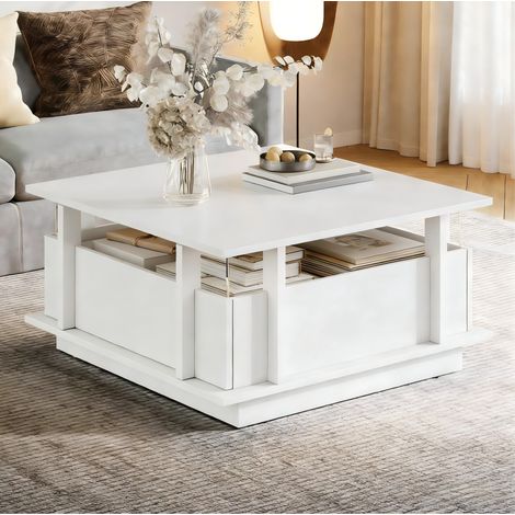 Mesa de centro 70x70x35 cm blanca en tablero de partículas con 2 cajones, LED y separadores acrílicos (1/5)