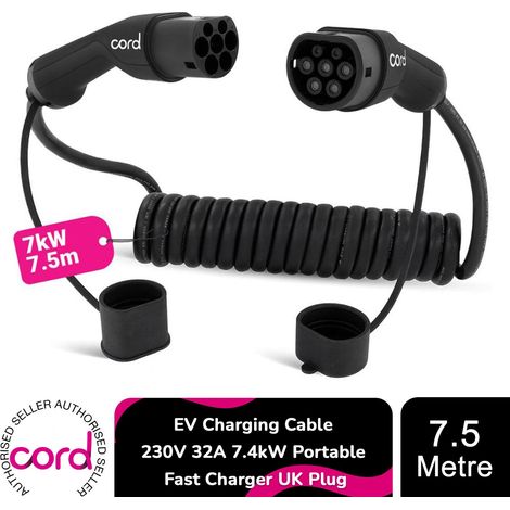 Cord Coiled 7.5m EV Charging Cable 230V 32A 7.4kW Portable Fast Charger UK Plug (1/5)