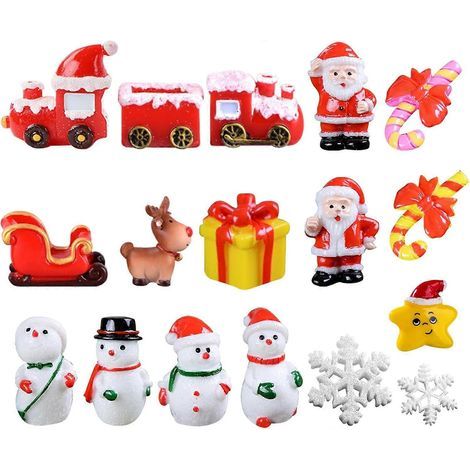 17 décorations de Noël miniatures : figurines de Noël représentant le Père Noël, le bonhomme de neige, le renne, le sapin, le train et des flocons de neige (dessins animés). (1/5)