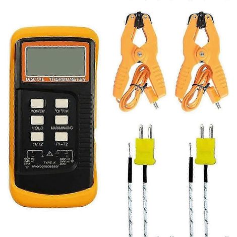 Thermomètre numérique à thermocouple de type K -50 à 1300 °C, double canal avec 2 pinces pour tubes et 2 sondes de capteur. (1/5)