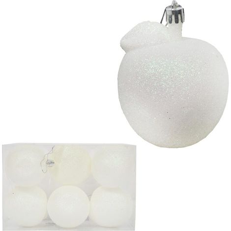 Set di 6 palline di Natale bianche a forma di mela con glitter, in plastica, 6 cm (1/4)