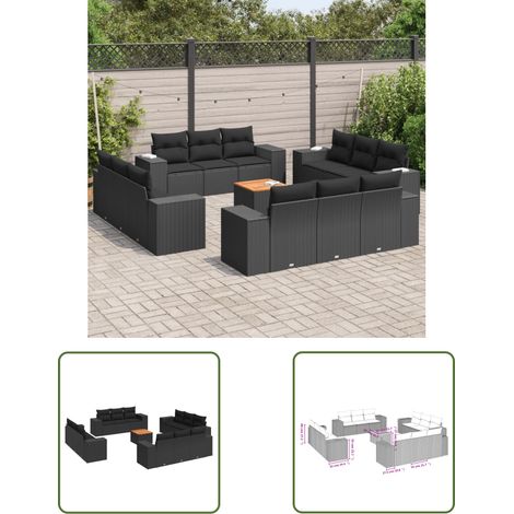 The Living Store Salon de jardin avec coussins 13 pcs noir résine tressée - Salon De Jardin - Mobilier De Jardin - Set Salon De Jardin - Ensemble Extérieur - Chaise Longue (1/3)