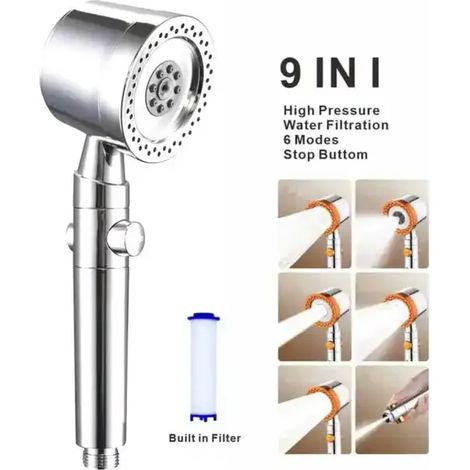 (Modèle argent D) Pommeau de douche haute pression 4 modes amélioré avec bouton d'arrêt, filtre, douche de massage, douchette et accessoires de salle de bain (1/5)