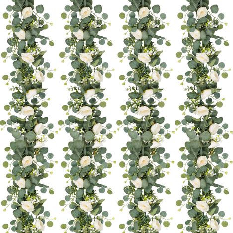 Guirlande de Fleurs Artificielles Eucalyptus avec Roses Blanches,Vigne Florale Fausse pour Décoration Mariage Maison Fête Table (4 Pièces,Blanc) (1/5)