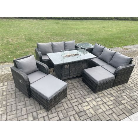 Fimous 9-Sitzer Polyrattan Gartenmöbel Set Gas Feuerstelle Esstisch Liegestühle 3-Sitzer Sofa Set mit Beistelltisch 2 hohen Hockern (1/5)