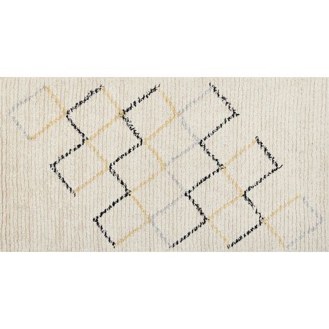 Alfombra de algodón beige claro negro amarillo 80 x 150 cm a mano geométrico Tezpur