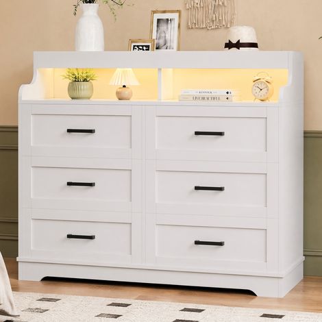 Cómoda de 6 cajones - 100 x 40 x 80 cm - con iluminación LED RGB, enchufes de la UE, puertos USB, mueble de almacenamiento de estilo escandinavo - Blanco (1/5)