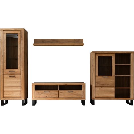 Ensemble meuble de salon de 4 pièces meuble tv, 2 vitrines et une étagère murale coloris chêne massif huilé (1/5)