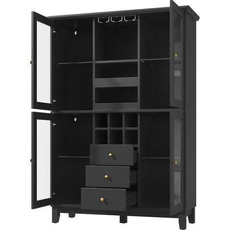 Armoires à vin avec éclairage LED commandé par application, 180,5 x 120 x 40 cm, 3 tiroirs, porte-verres et porte-bouteilles, noir/blanc (1/5)