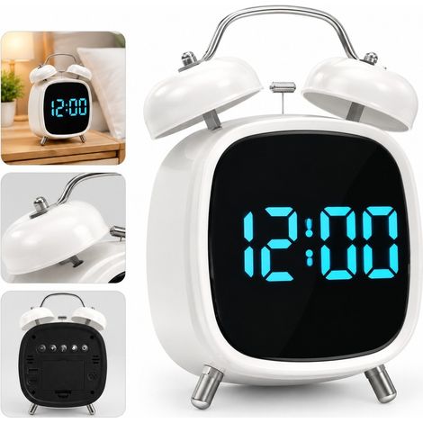 1 Piece Reveil a Cloche Metallique Forte Horloge LED Multifonction 12 x 8 x 18 cm 0,23 kg en ABS Blanc pour Chambre et Bureau (1/5)