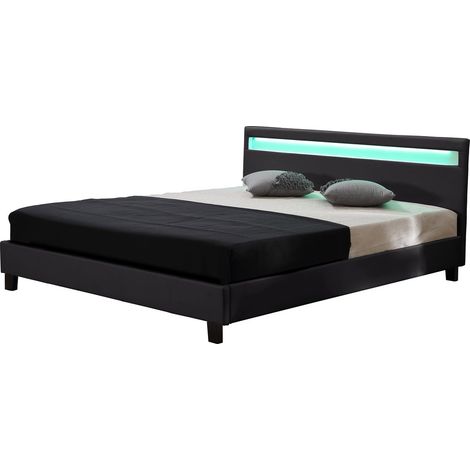 Habitat Et Jardin – Lit LED Maria 140 x 190 cm – Noir – Avec télécommande LED – 3 couleurs – Sommier 24 lattes en contreplaqué (1/3)