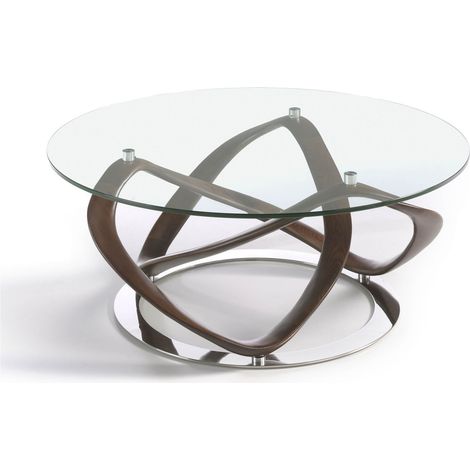 Table basse ronde plateau verre structure courbée bois massif base ronde acier chromé - Noyer, acier (1/2)