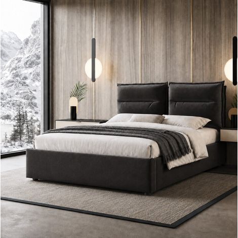 Cama 140x200 cm de terciopelo negro con almacenaje y cabecero ajustable, sin colchón – MEUBLIV (1/5)