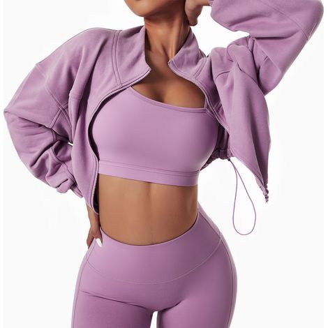 Veste courte de yoga et de course à pied, ample, manches longues, fermeture éclair intégrale, col montant, couleur unie, violet taro, taille XL. Vêtement de sport pour femme. (1/5)
