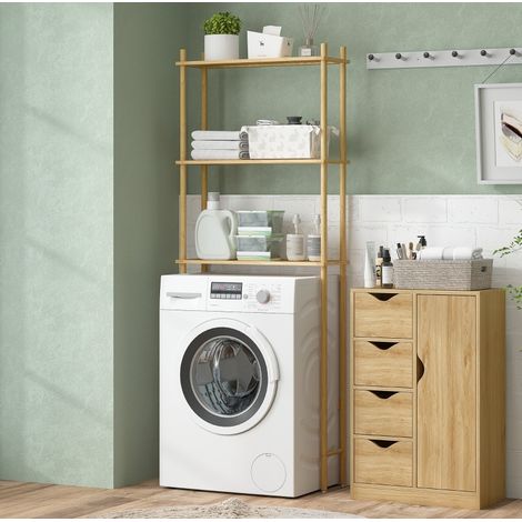 Mueble sobre inodoro de bambú color madera natural, 69 cm, 3 estantes ventilados con patas ajustables (1/4)