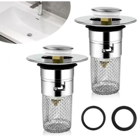 2pcs Bonde de lavabo, Bonde Lavabo avec Filtre Amovible 33-40mm, Bouchon Lavabo Salle de Bain Universel Pop Up, Filtre De Drainage De Sol en Acier Inoxydable pour Bain, Cuisine (1/4)