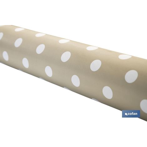 Rollo de mantel antimanchas impermeable con diseño de lunares 140cm x 20m fabricado en vinilo y poliéster color beige y blanco (1/4)