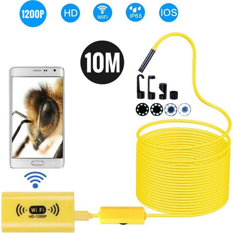 Caméra Endoscope Sans Fil 8mm IP68 Étanche WiFi Inspection 2.0MP HD 8 LED Endoscope Câble Semi-Rigide pour iPhones iPads Appareils Android et PC Jaune 10M