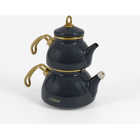 Théière Turque Mini 0,5 L avec Bouilloire 1,1 L en Acier Émaillé BLEU – Design Rétro – Compatible Induction – Idéale pour l'Infusion du Thé – LPP GRANDEUR 10