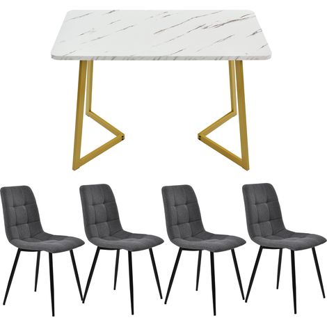 Table à manger 117 cm rectangulaire avec 4 chaises en lin gris foncé,pieds de table dorés design moderne pour intérieur. (1/5)