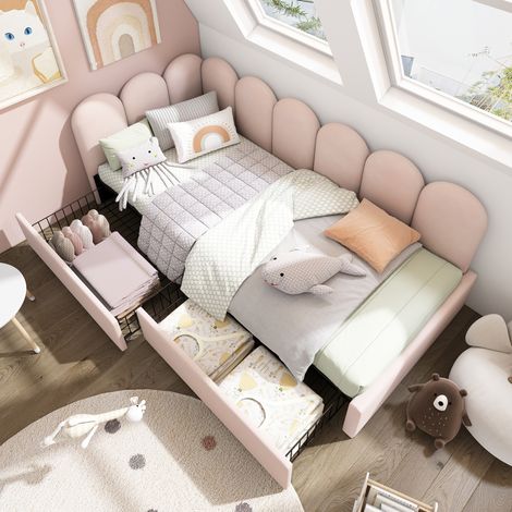 Lit coffre 90x190 cm velours rose avec 2 tiroirs HAVRYA (1/5)