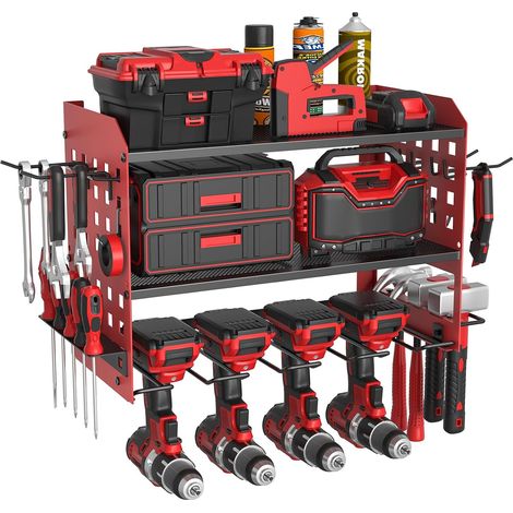 Support de rangement pour outils électriques à 3 niveaux, support mural pour 4 perceuses, support mural robuste pour garage, maison, atelier (Rouge) (1/5)