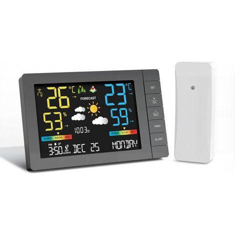 Station météo sans fil avec capteur extérieur, prévisions météorologiques, température, humidité, réveil, pression atmosphérique, distance de transmission de 100 m, station météo avec capteur (1/5)