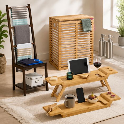 Premium-Bambus-Badezimmer-Set (4-teilig) – Hoher Handtuchhalter, Doppelwäschekorb & Badewannenablage (1/5)