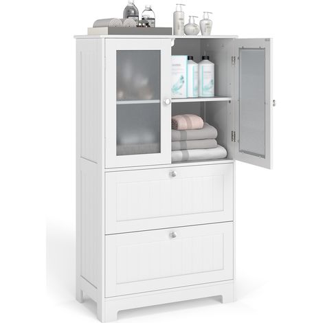Costway – Armoire de salle de bain avec 2 portes en verre trempé – 2 grands tiroirs – Étagère réglable – Dimensions 30 x 60 x 108 cm – Blanc (1/5)