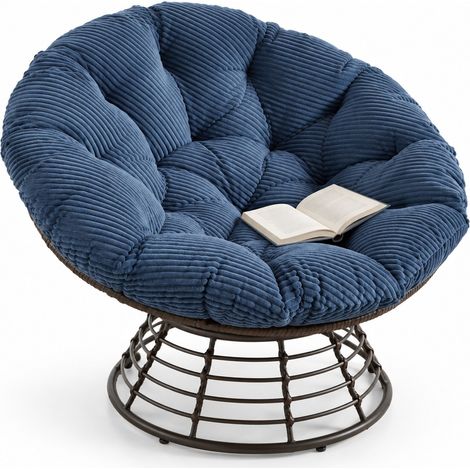 Fauteuil Papasan Pivotant 360 Degrés Design Ergonomique avec Coussin Épais Structure en Acier Bleu Marine 92 cm