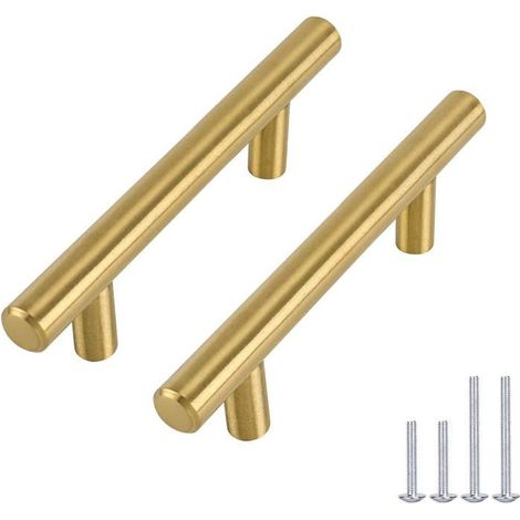 BelleRise - Lot de 10 Poignee de Meuble Cuisine Dore Poignée - LS201GD96 Laiton Brossé Poignée Tiroir Laiton en Acier Inoxydable Entraxe 96mm (1/5)