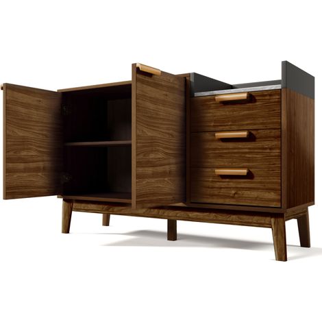 Wohnzimmer-Sideboard in Eicheoptik mit Marmoroptik-Platte, 3 Schubladen und Doppelschrank, 120 cm (1/5)