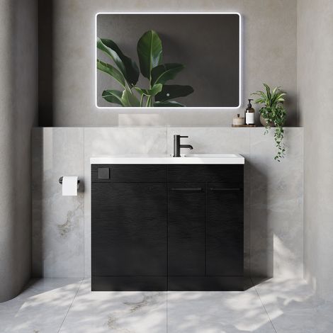 Napoli 250 Nero Oak 1000mm 2 Door Vanity Unit Toilet Suite with Square Silvo Basin - 1000mm - Matt Black 160mm HandleWithout Kingston Toilet Pan
