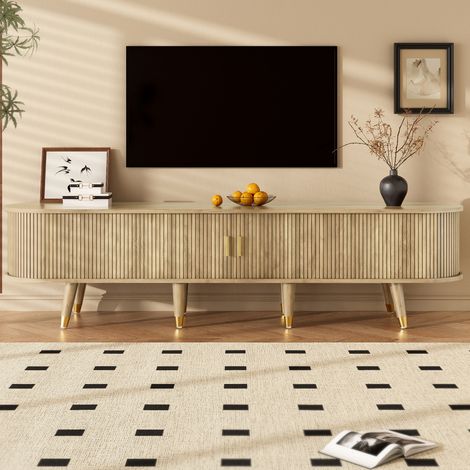 Meuble TV effet chêne marron – Dimensions 175 x 38 x 45cm – 2 portes coulissantes et 2 tiroirs – pour salon et chambre - Naturel (1/5)