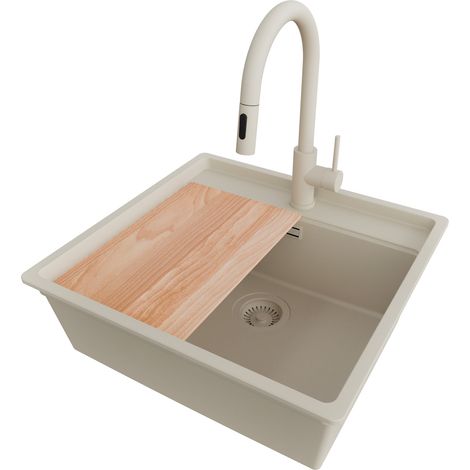 PRIMAGRAN Evier Cuisine en Granit 56x53cm,Lavabo 1 bac + Robinet 40x20cm + Kit de Vidage + Planche à Découper, Évier à Encastrer au meuble 60cm - Bergen, Beige (1/5)
