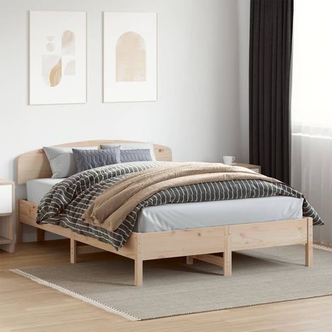 Cadre de lit bois pin massif 140x200 cm avec lattes contreplaqué et tête de lit (1/4)