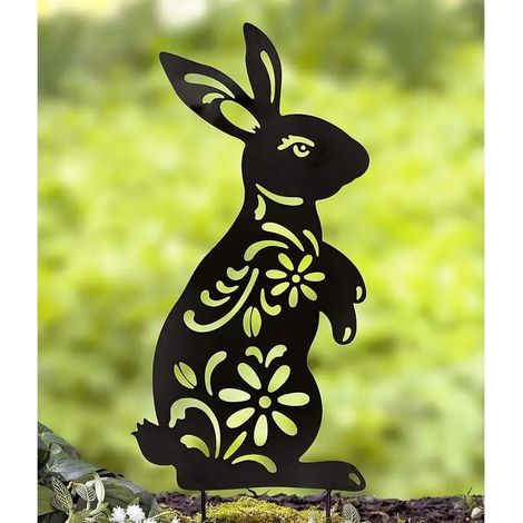 Lot de 2 piquets de jardin en métal pour lapin, statues, silhouette créative de lapin, pelouse (1/4)