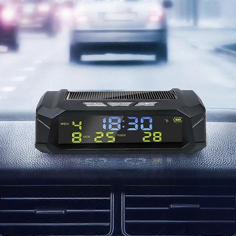 Horloge de voiture solaire avec affichage LCD de l'heure et de la date, affichage de la température intérieure, horloge numérique, accessoire automobile. (1/5)
