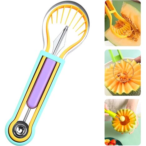 Set di cucchiai per polpette di melone, set di utensili per frutta 4 in 1 in acciaio inossidabile, strumento per tagliare la frutta, taglia polpa, cucchiaio taglia anguria (viola) (1/4)