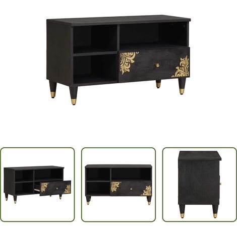 Bois de mangue - Meuble TV Noir 80 x 33 x 46 cm Bois de mangue massif (1/5)