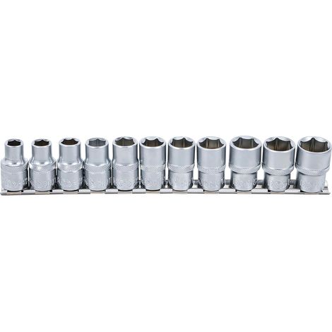 lot de 11 douilles courtes métriques, entraînement 1/4", 6 pans, double graisseur, argent