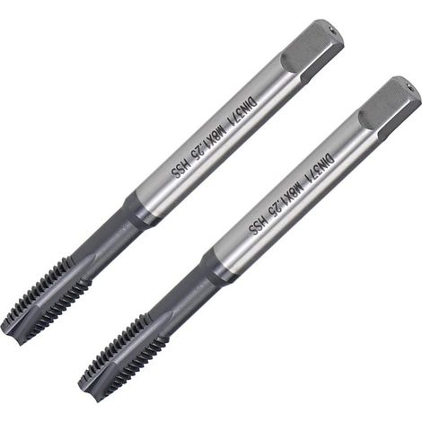 Lot de 2 tarauds filetés à pointe spirale M8 x 1,25 mm, pour filetage traversant, acier rapide H2, finition revêtue TICN, tige ronde avec extrémité carrée, foret métrique, tarauds (1/5)