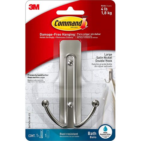 El gancho doble grande de color nÃ­quel satinado para baÃ±o con tiras resistentes al agua Commandâ¢ permite colgar sin daÃ±ar hasta 1.8kg. Es fÃ¡cil (1/4)
